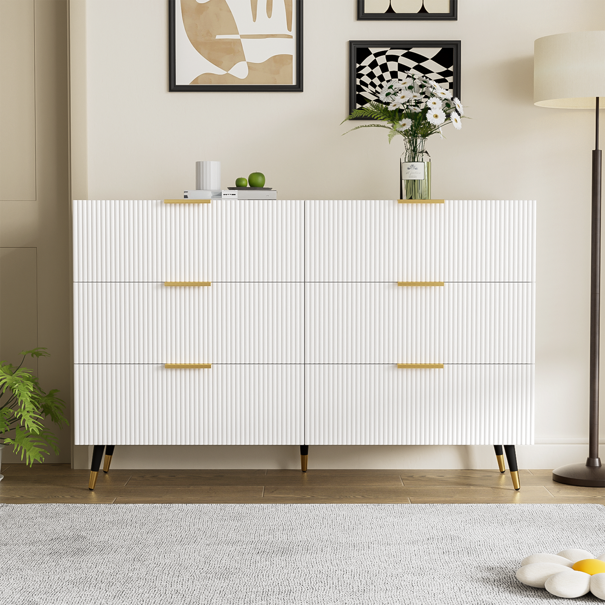 Aparador moderno con 6 cajones, estilo aglomerado blanco