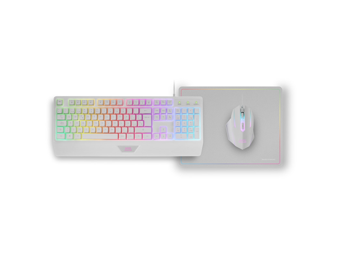 Teclado LED RGB Ratón RGB 3200DPI Alfombrilla Español MARS GAMING MCP124 Combo 3 en 1 Blanco