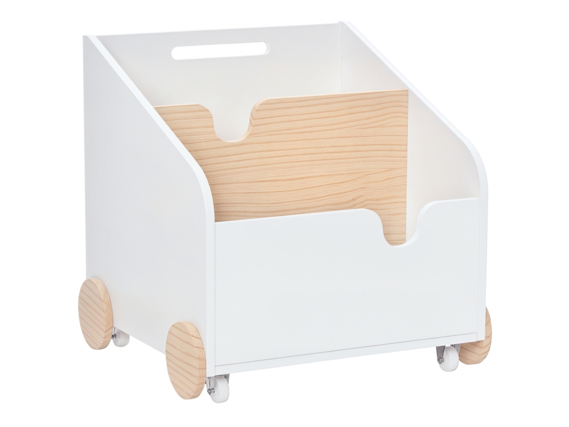 Caixa Armazenamento Brinquedos 2 Seções 40x43x43cm, Carrinho Madeira Infantil Com Rodas Branco Natural
