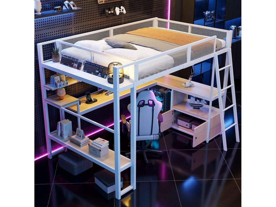 Cama Alta Metálica Gaming 140x200 - Escritorio Integrado, Led Y Amplio Almacenamiento - Blanco