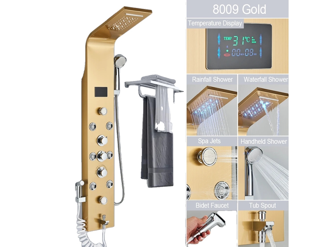 Panel de ducha, cabezal de ducha tipo cascada, mezclador de agua fría y caliente, dorado 8009
