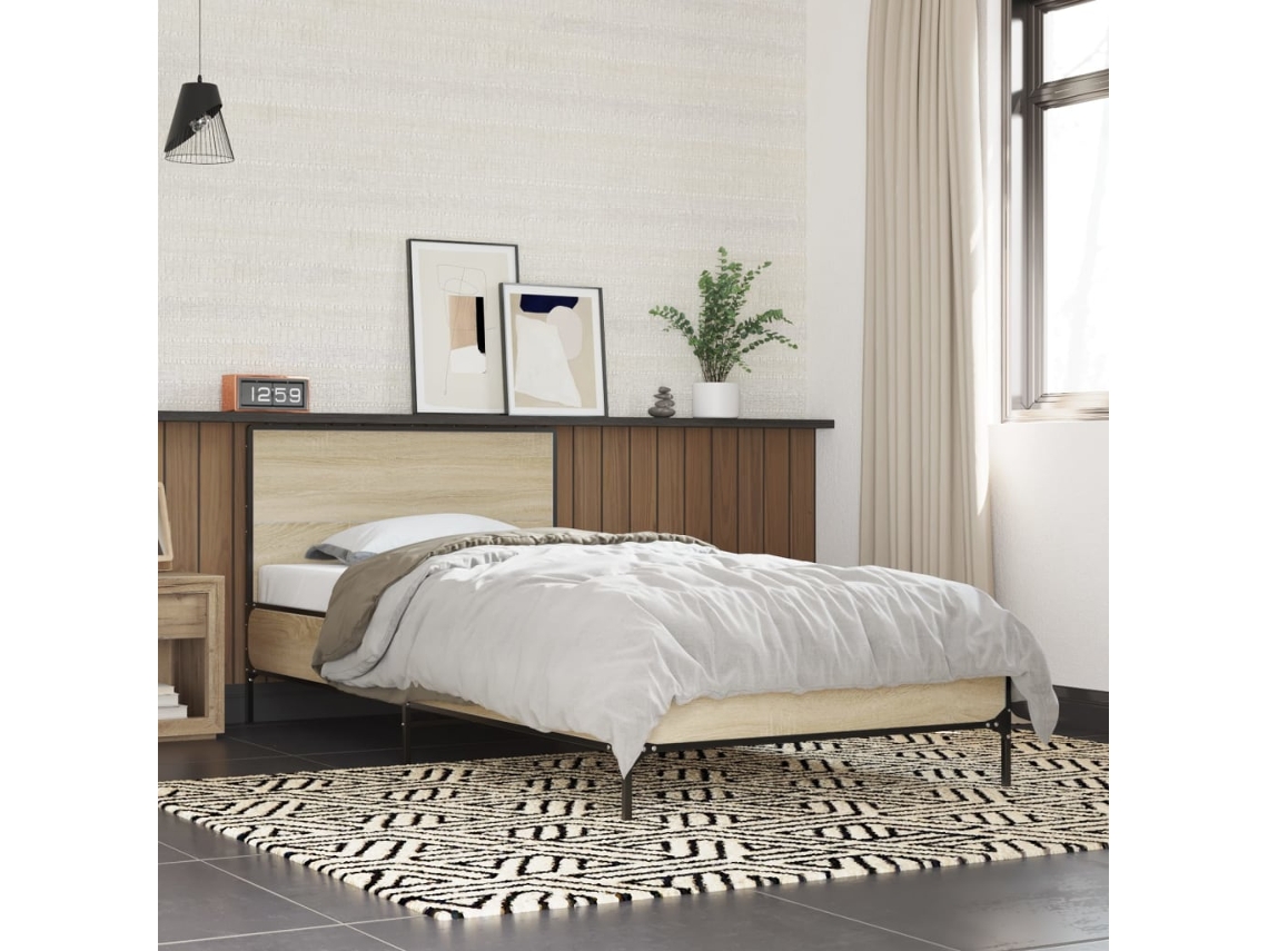 Estructura Cama Madera Ingeniería Metal Roble Sonoma 100x200 Cm