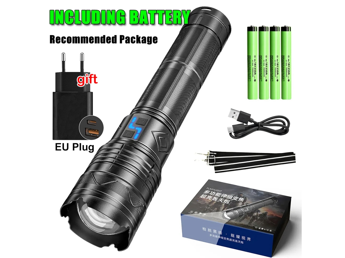 Linterna táctica LED GT60 de 20000 lm, superbrillante, 100 W, largo alcance, recargable, funciona con 4 baterías 181350A. Aeuzwr