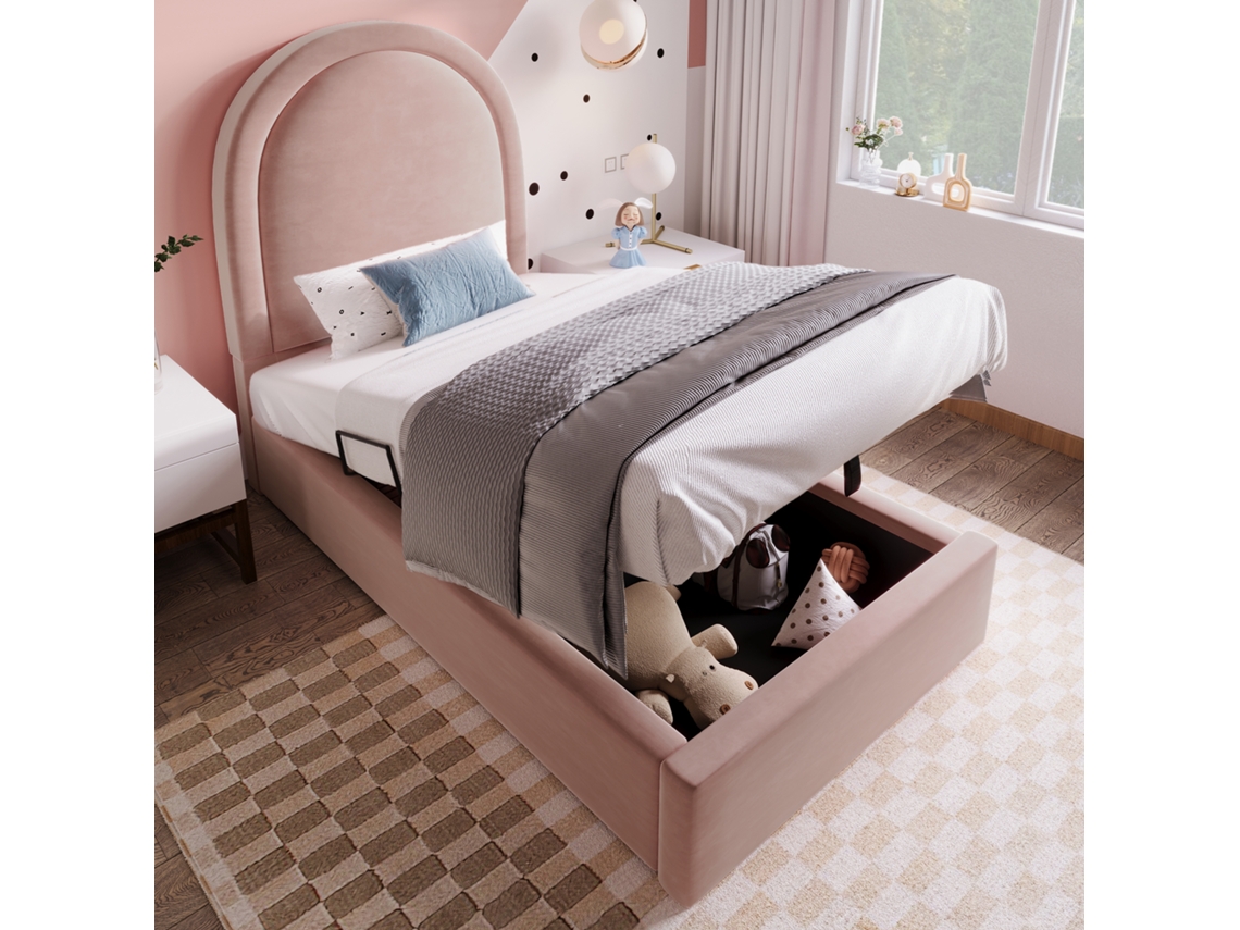Cama Infantil 90x190 Cm, Tela De Terciopelo, Almacenamiento Con Elevador Hidráulico, Canapé De Lamas Incluido, Sin Colchón, Color Rosa