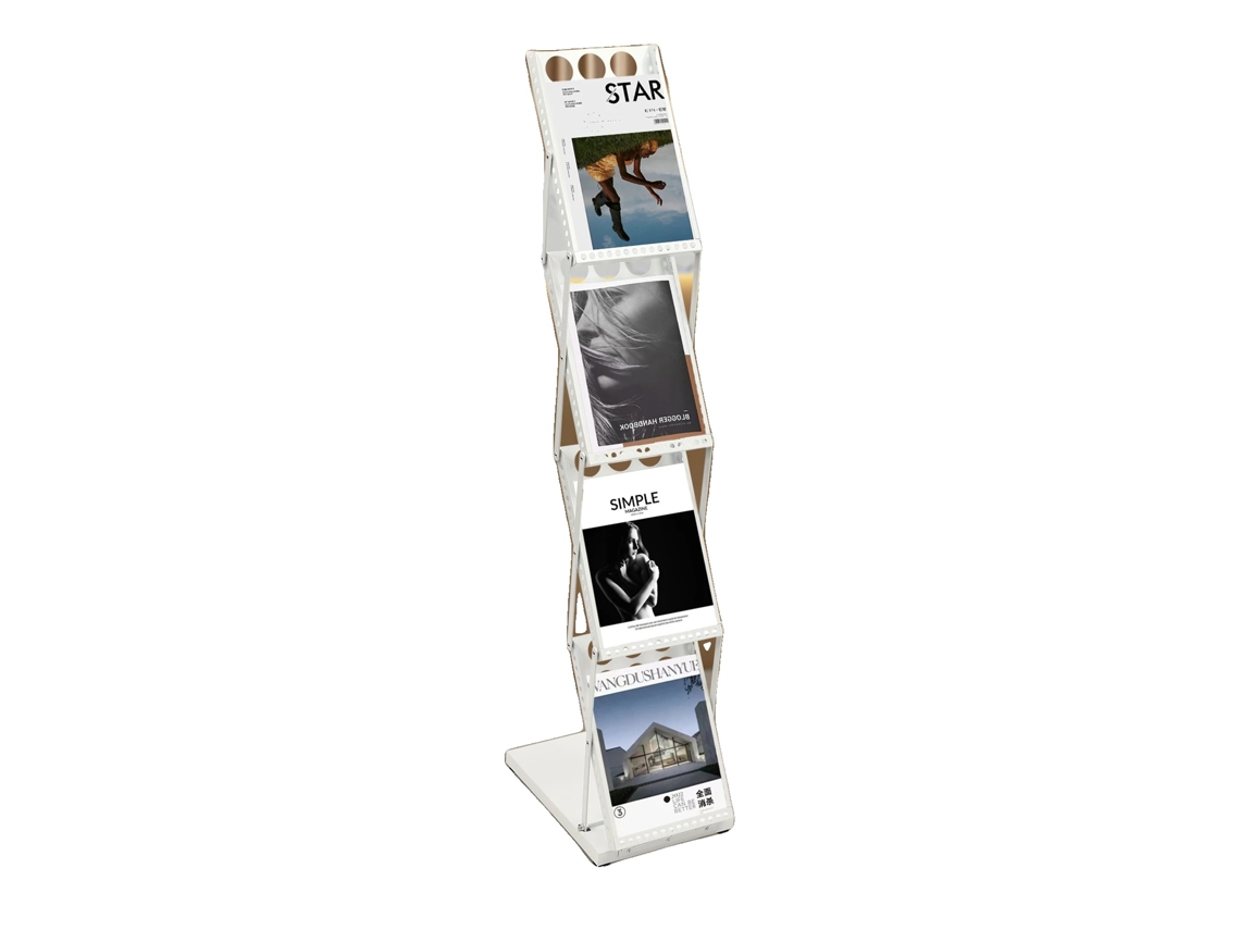 Expositor de revistas OEM con 4 posiciones, diseño portátil y color blanco.