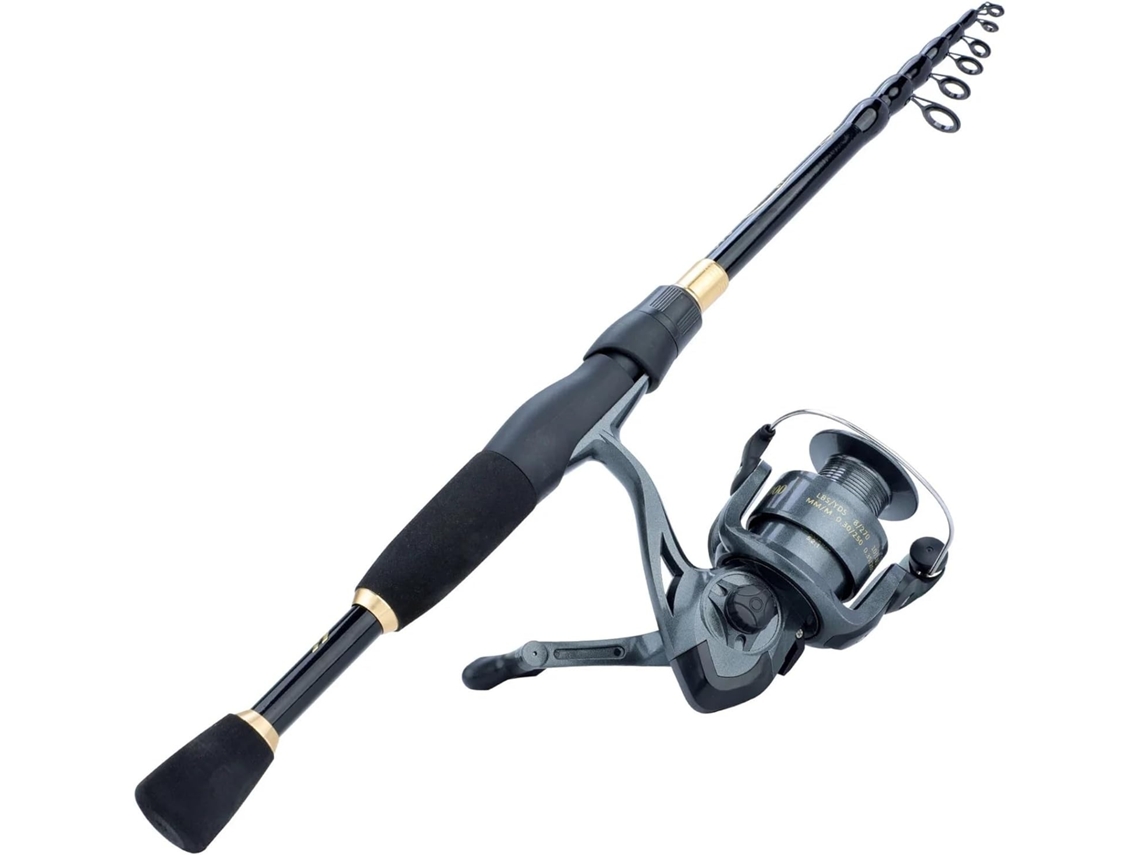 Kit Completo De Caña Pescar Telescópica Fibra Carbono 1,8 A 2,4 M Y Carrete Pesca (carrete 1000, M)., M,