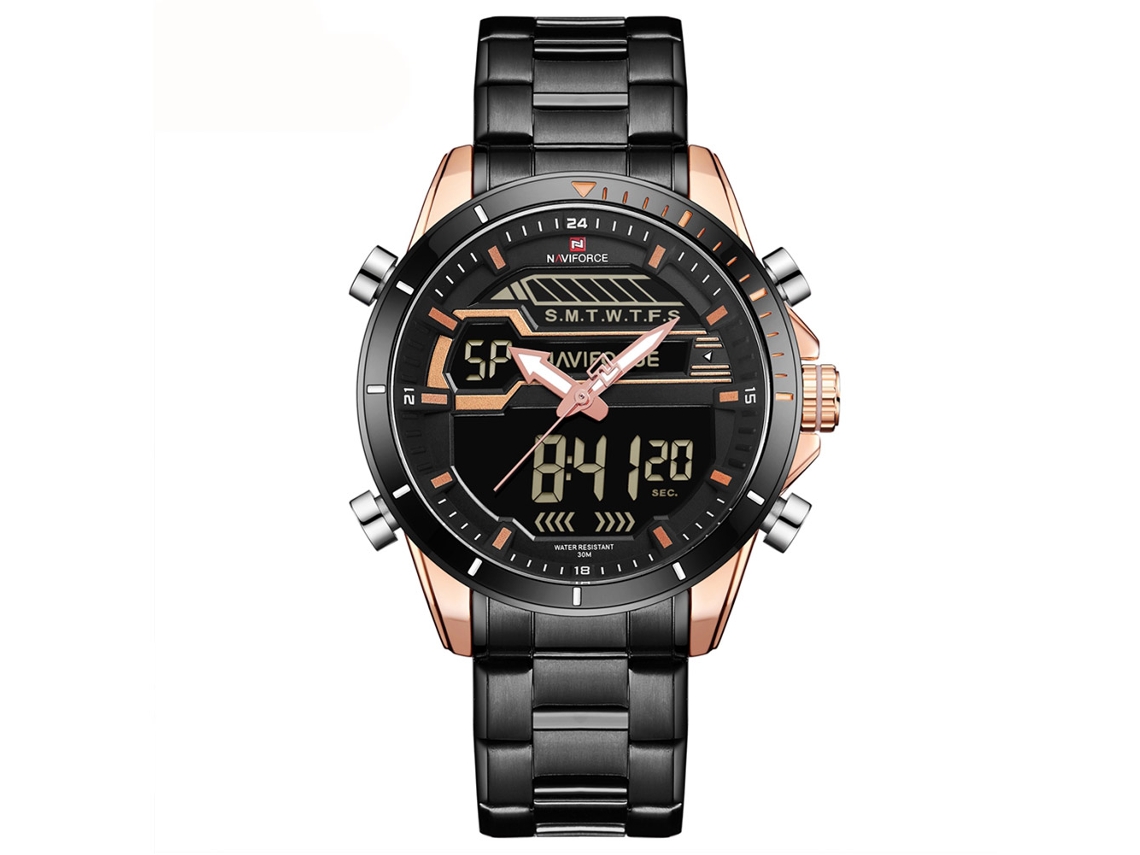 Reloj De Acero Para Hombre Naviforce, Resistente Al Agua Hasta 30 M, Cuarzo, Oro Rosa + Esfera Negra
