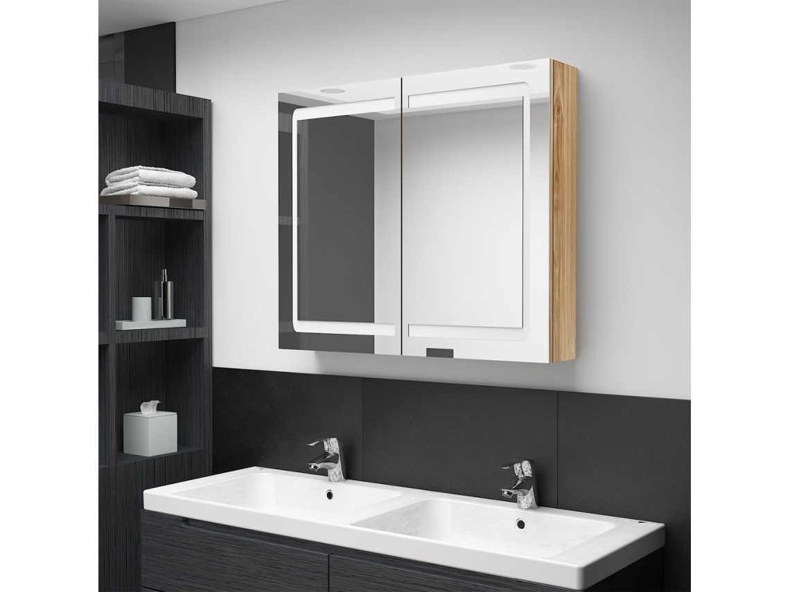 Armario De Baño Con Espejo Y Led Color Roble 80x12x68 Cm