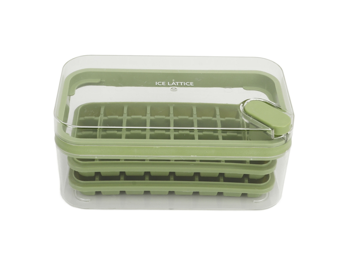 Molde para 32 cubitos de hielo de doble capa con recipiente y tapa para cócteles, whisky y café verde.