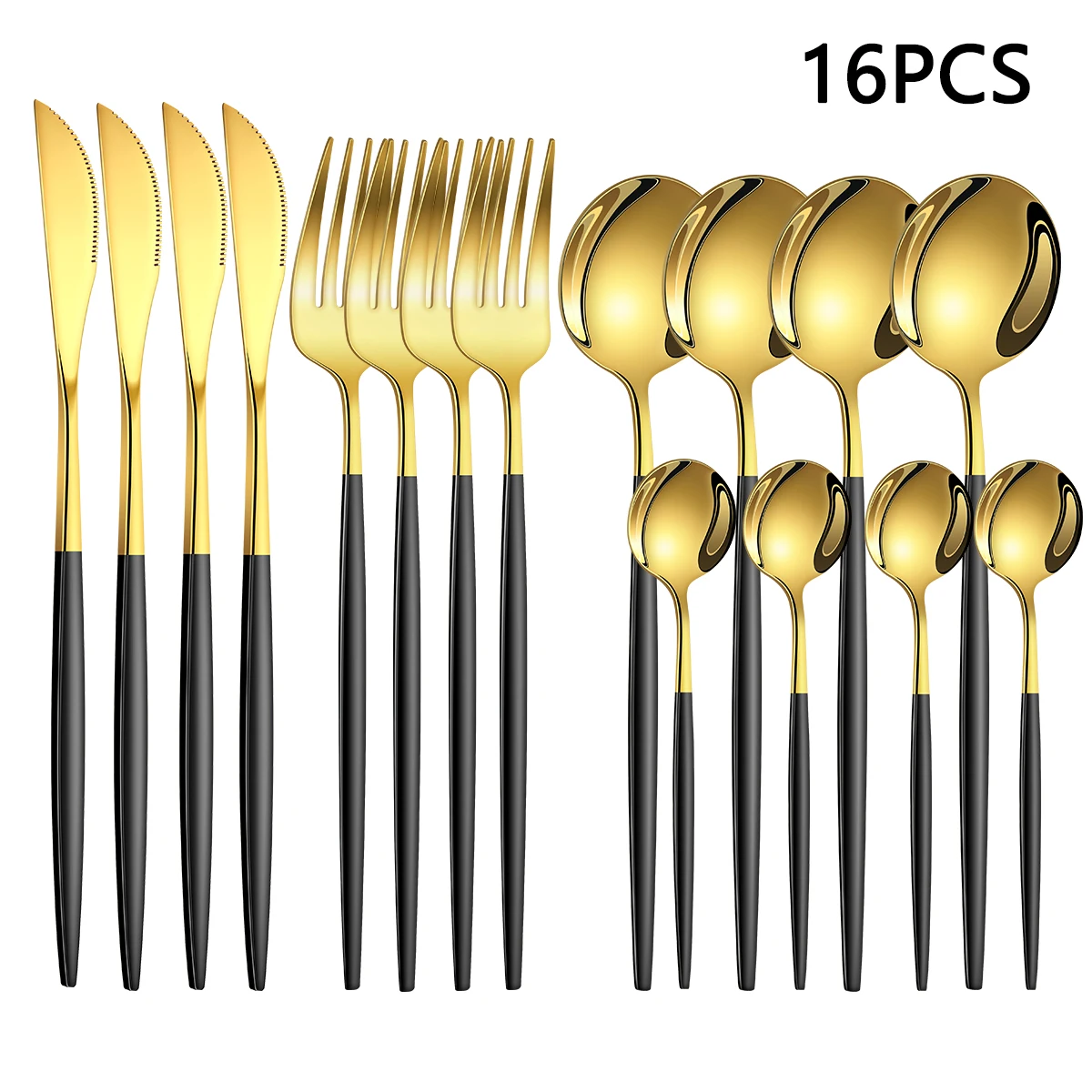 (16pcs Gold Black) Conjunto De Cubiertos De Acero Inoxidable, Incluyendo Western Steak Knife Y Tenedor Cuchara