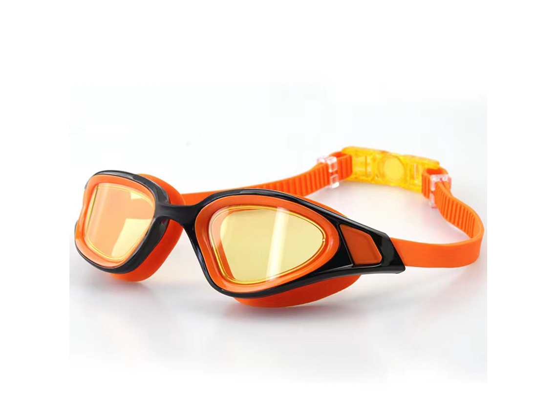 Gafas de natación para adultos, antivaho, galvanizadas, con protección UV. 800 unidades. Color naranja-negro transparente (en caja).