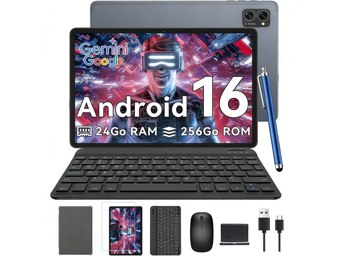 Tableta T20 10.1'' RAM 24GB ROM 256GB-SD 2TB, 5000 mAh, Android 15, AI Gemini 2.0, Con Teclado, Capa, Estilo, Ratón