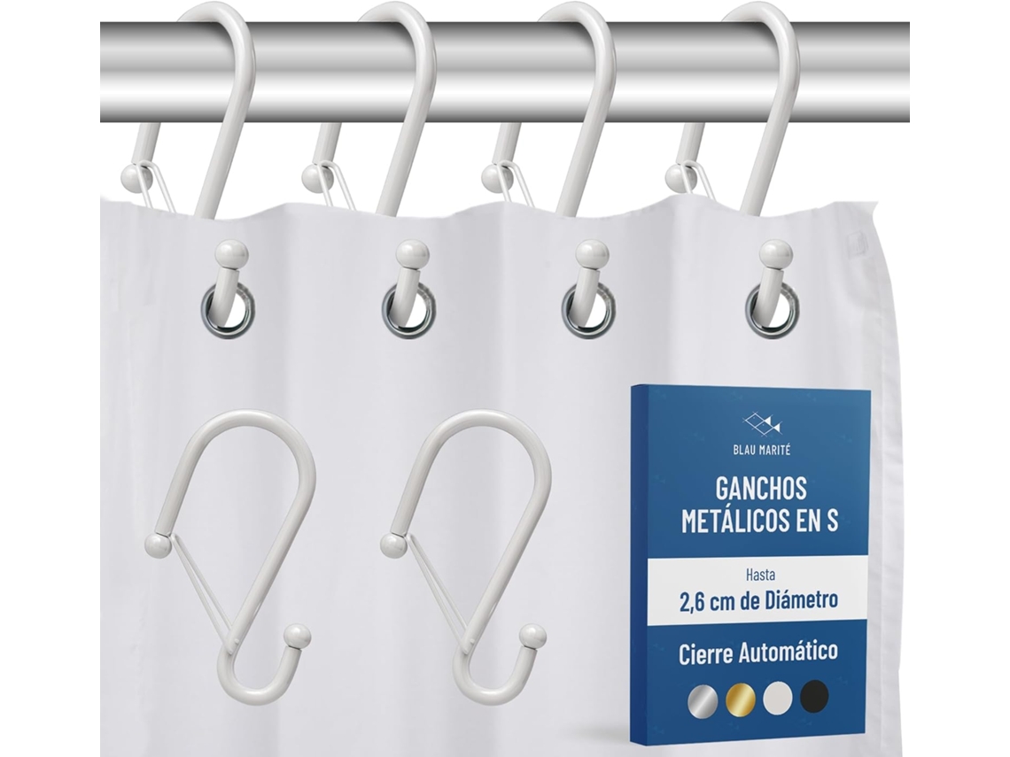Juego de 12 ganchos metálicos para cortina de ducha en forma de S con sistema anticaída y anillas con hebilla de Vayotoy