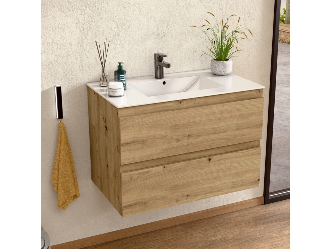 Mueble de lavabo con lavabo cerámico, mueble montado con 2 cajones, 80 x 55 x 46 cm, acabado Roble Bellobath.