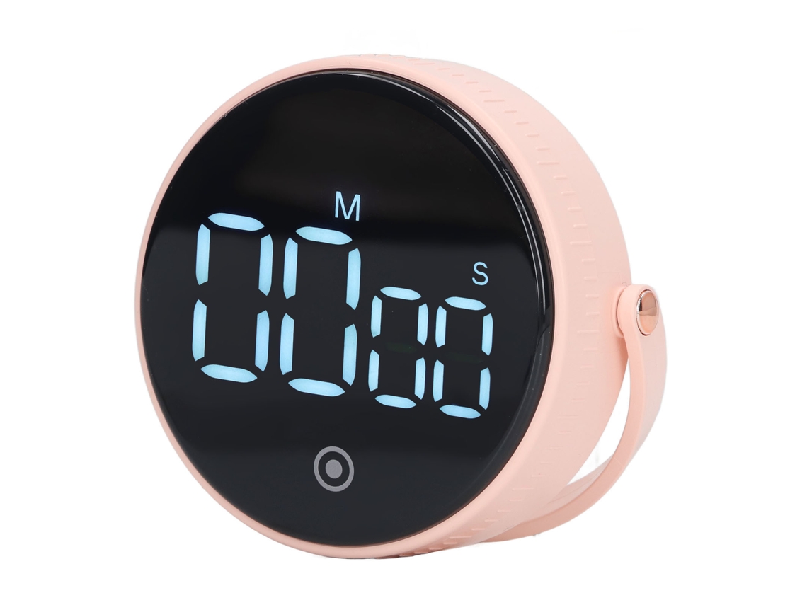 Temporizador de cocina digital con mecanismo magnético y volumen ajustable.