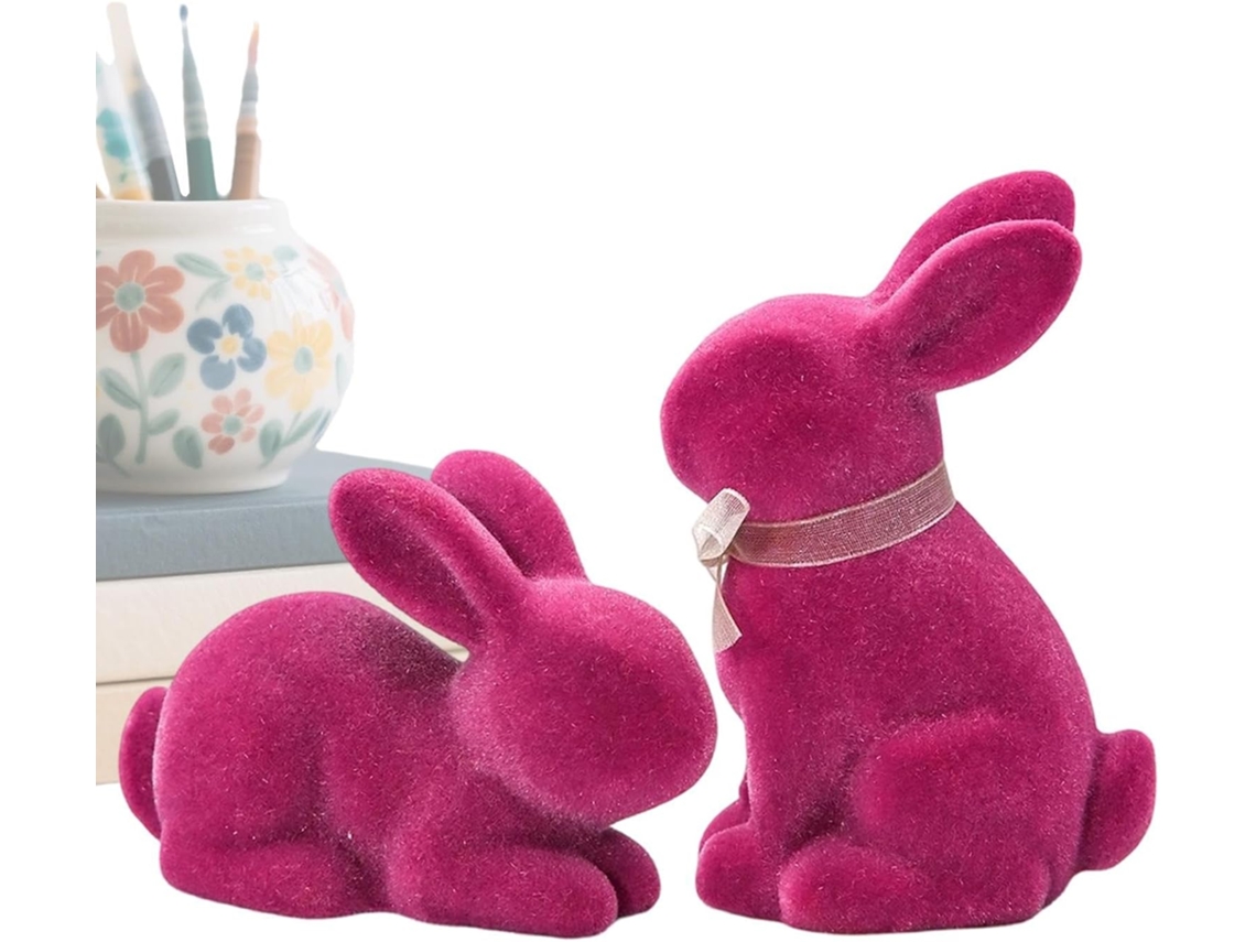 Esculturas De Conejos: Minifiguras De Resina Flocada, 2 Piezas, Adorable Decoración Primaveral, Sentados Y Recostados,