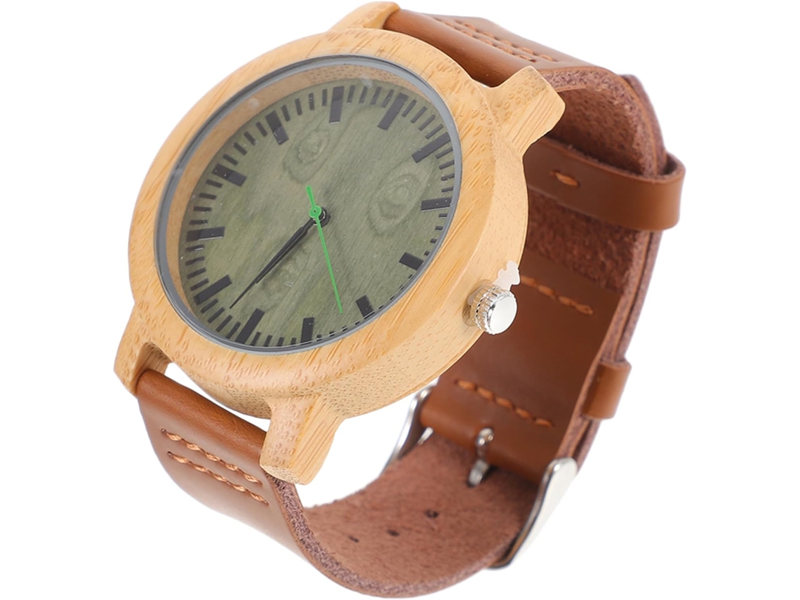 Reloj Madera Hombre Bambú Cuero Genuino Verde Estilo Casual Vintage Ligero Diario Vera Uso