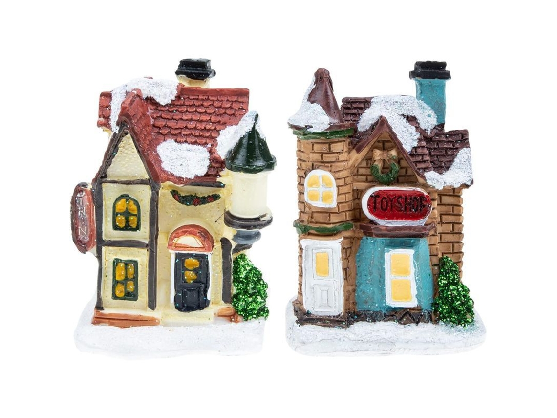 Conjunto De 2 Casas Navideñas Con Luces, Escena De Pueblo Navideño En Miniatura, Paisaje Nevado, Adornos Navideños, 7,5 X 5,5 Cm