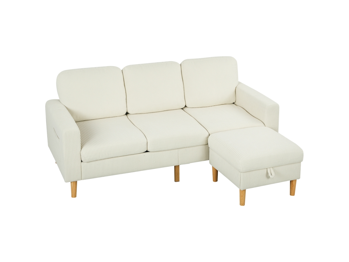 Sofá De 3 Plazas Con Reposapiés, Tapizado En Pana, Asiento Y Respaldo Acolchados, 192x138x85cm, Beige.