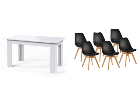 Pack Mesa Fija de Comedor o Cocina Blanco 6 Sillas Nordic Negro SALDOSYSTOCKS