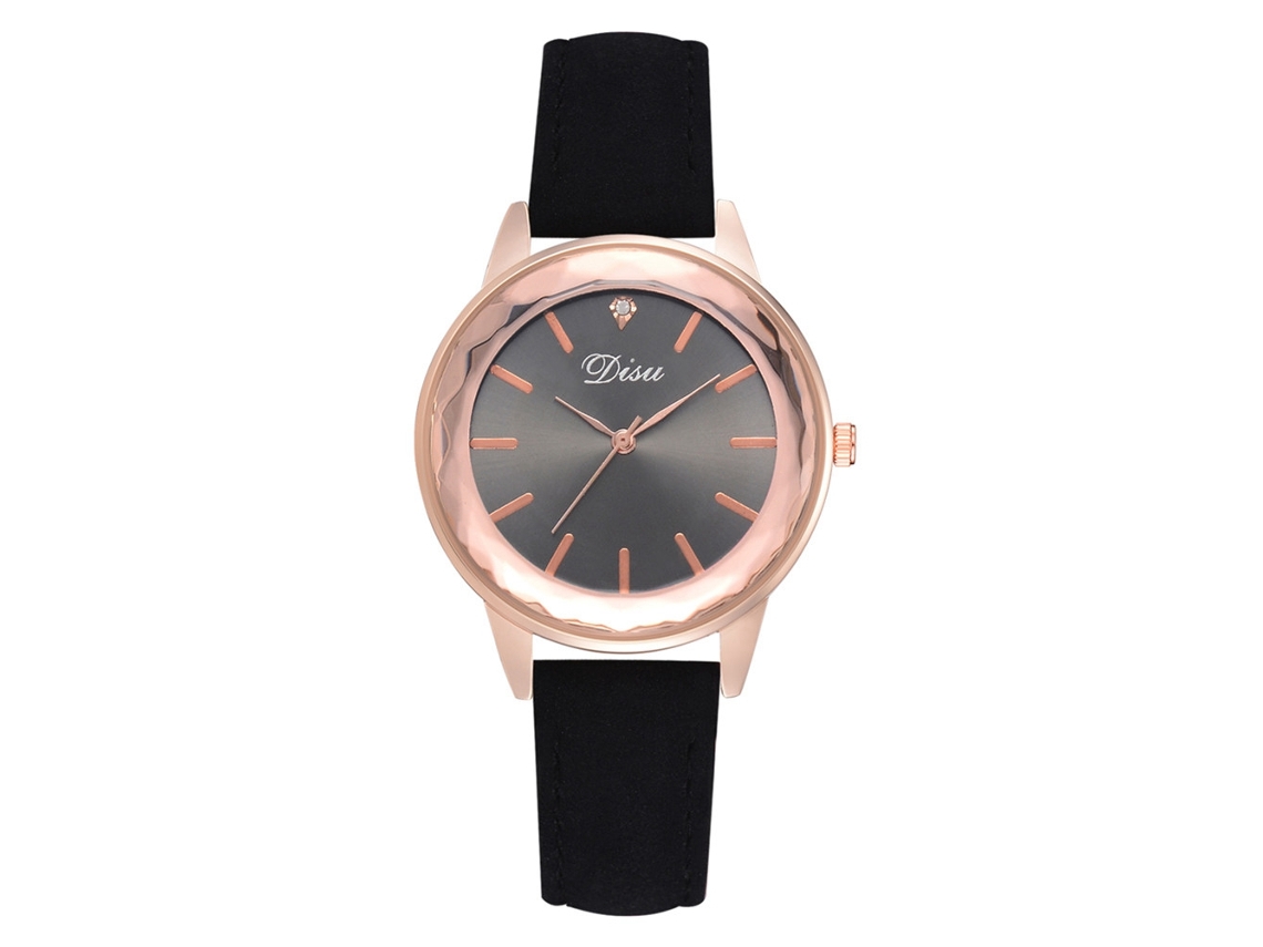 Reloj De Pulsera De Cuarzo Para Mujer Con Correa De Piel Sintética Y Esfera Redonda Negra.