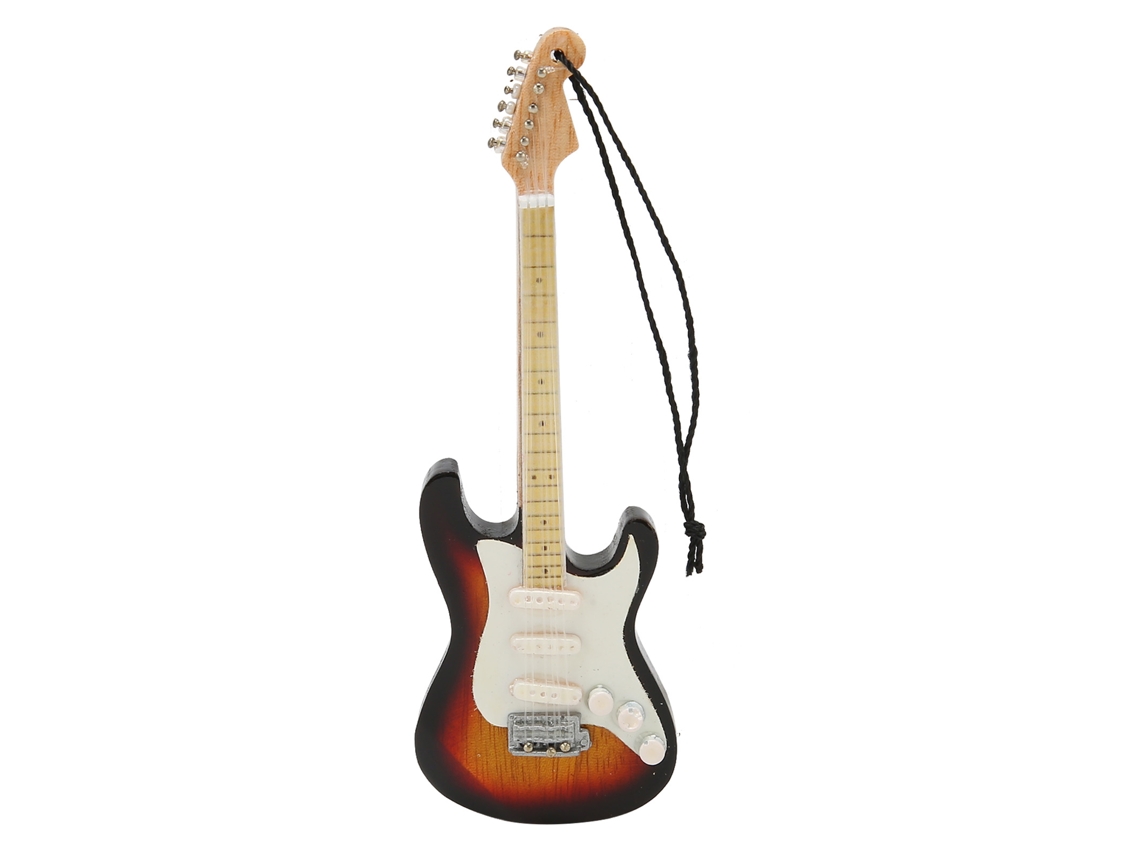 Modelo de guitarra de madera decorativa en miniatura con cable.