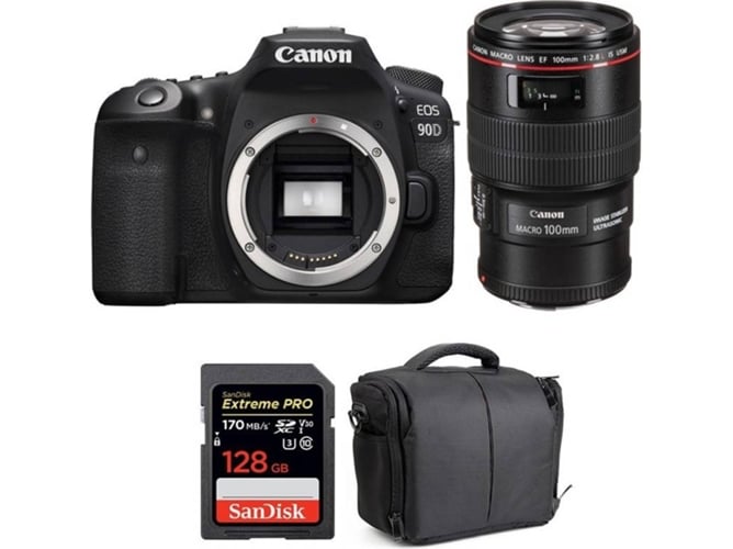 Kit Cámara CANON EOS 90D + EF 100mm f/2.8L Macro IS USM + SanDisk 128 GB + Bolsa (APS-C)