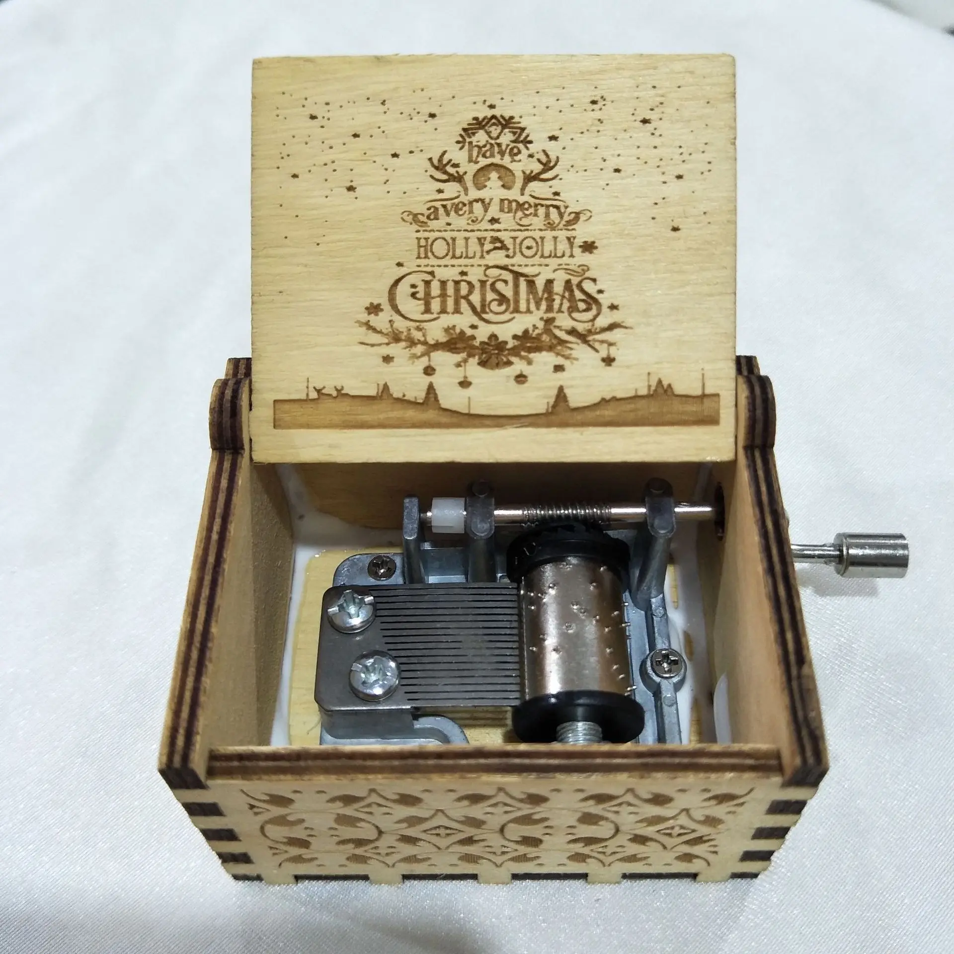 (estilo 27) Caja De Música Navideña Vintage Con Manivela, Exquisita Artesanía De Resina Y Madera Pintada A Mano.
