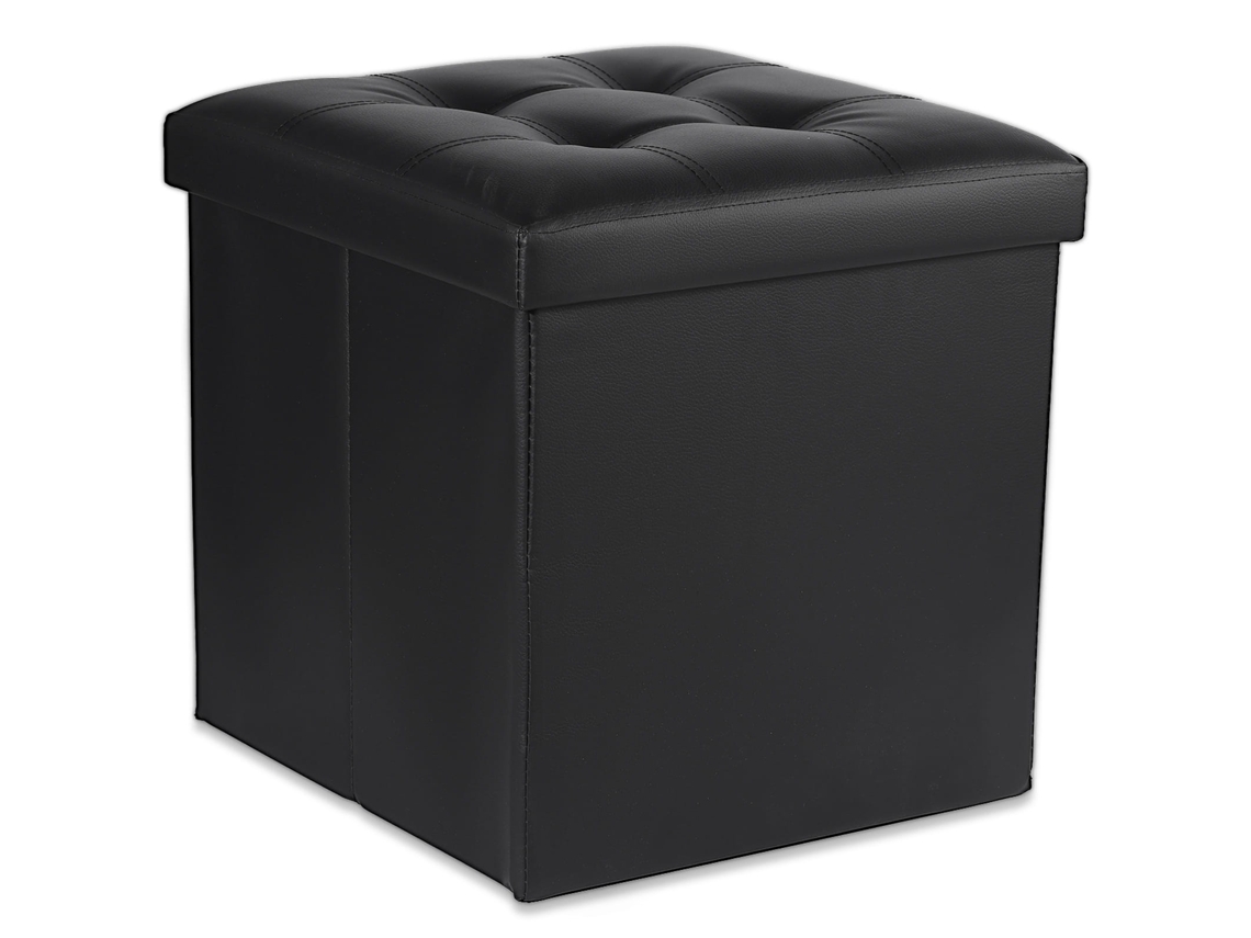 Puf plegable L con botones 38x38x38cm, piel sintética negra Leobert