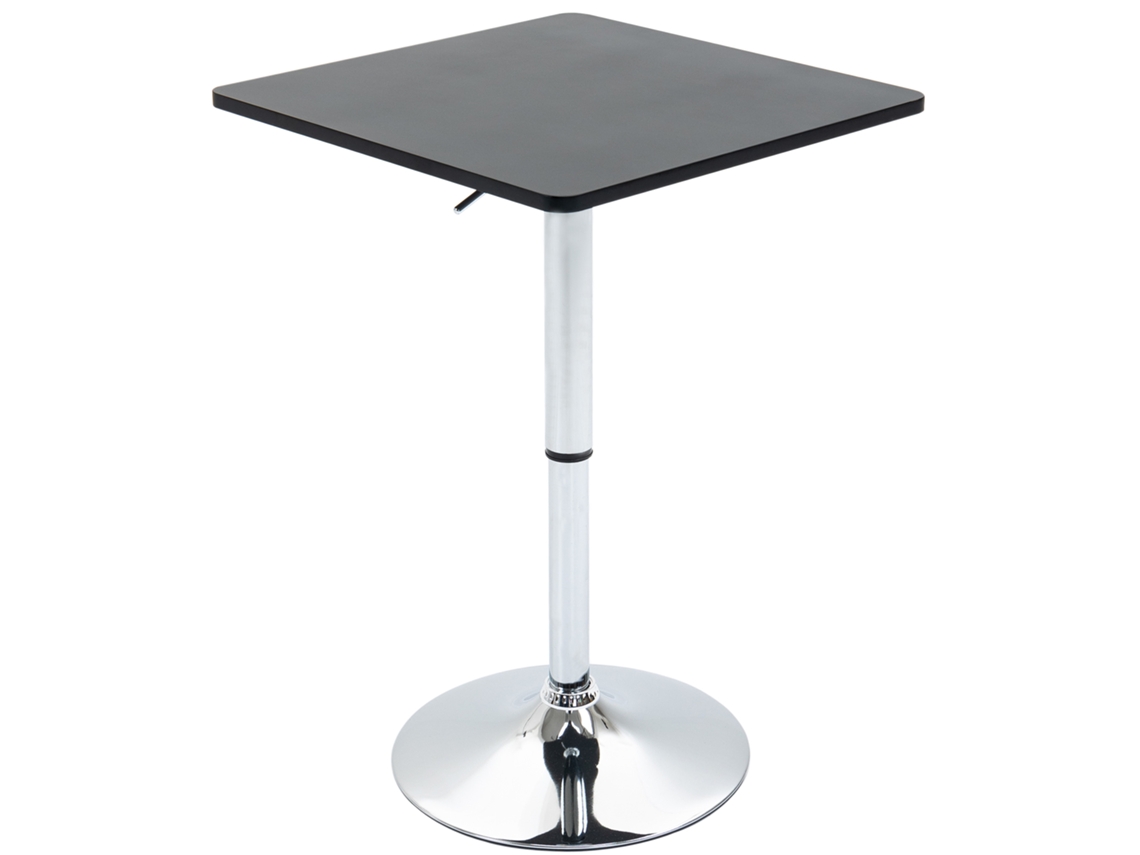 Mesa de bar giratoria 360° con base de metal negro y plateado.