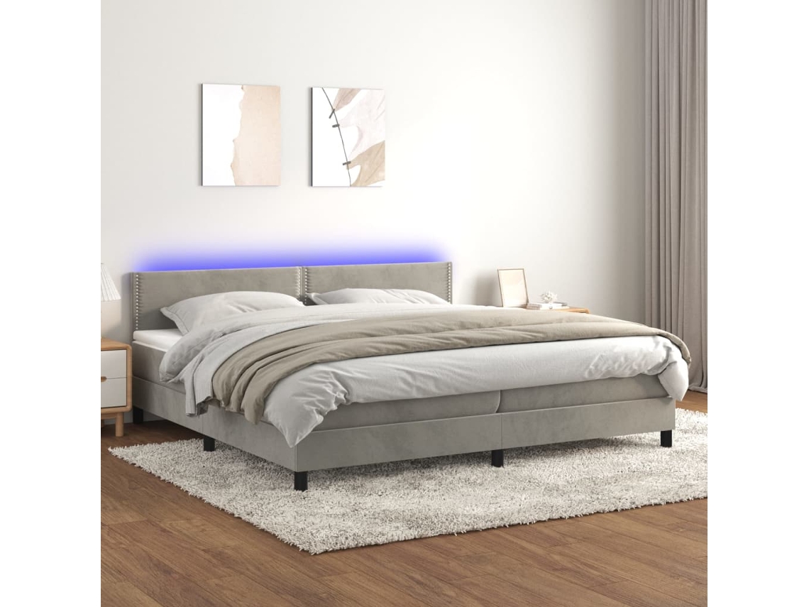 Cama Box Spring Colchón Y Led Terciopelo Gris Claro 200x200 Cm