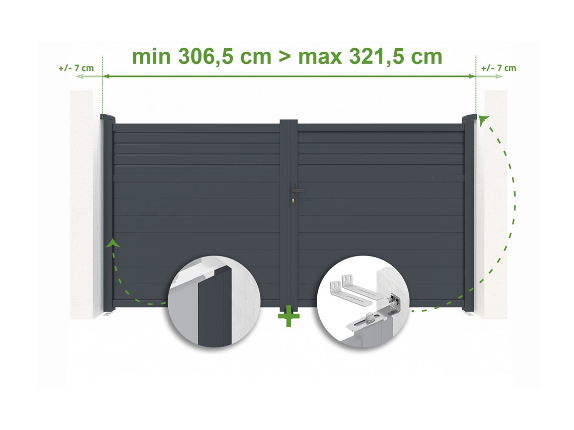 Puerta batiente ajustable de 3 m de ancho, Carpatia H.180 cm, aluminio gris, Casanoov