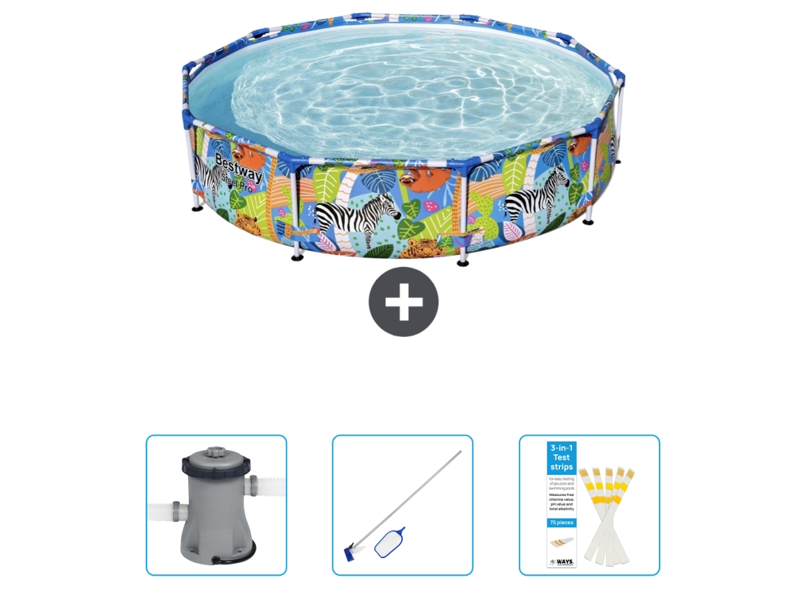 Piscina BESTWAY Round Steel Pro - 305 x 66 cm - Estampado Selva - Incluida Bomba - kit de limpieza - Tiras de prueba