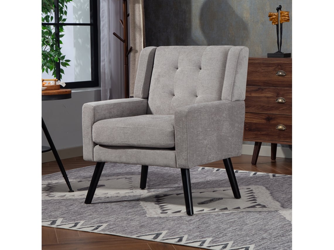 Sillón tapizado - Tamaño mediano - Estilo de mediados de siglo, espuma de alta densidad, patas de madera - Gris claro