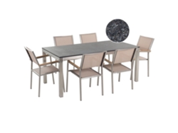 Conjunto de jardín mesa con tablero de piedra natural pulida negra 180 cm, 6 sillas de tela beige BELIANI Grosseto