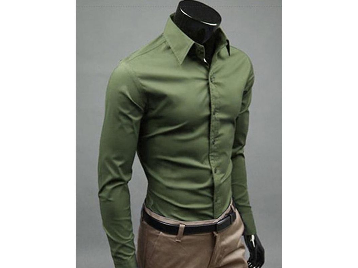 2026-camisetas De Lujo Para Hombre Casual Formal Slim Fit Manga Larga Cuello Redondo Eku M Verde Ejército
