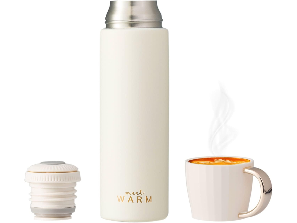 Termo para café con taza, termo al vacío, hermético (500 ml, blanco liso)