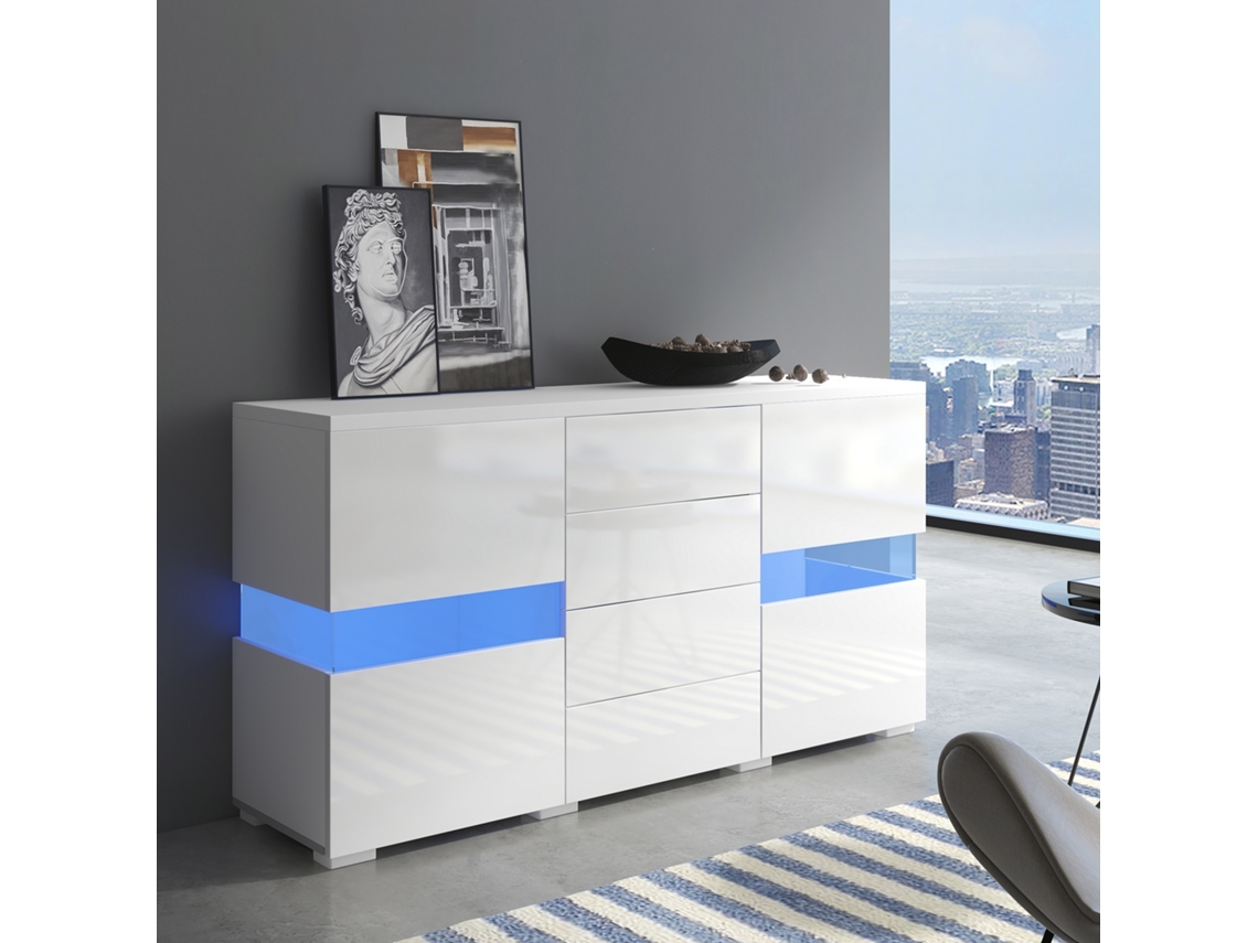 Aparador blanco brillante con 16 luces LED de colores para comedor y sala de estar.