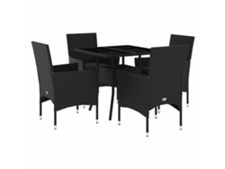 Juego de 5 juegos de comedor de jardín con cojines de mimbre, patas de cristal negro, EXCLUSIVO DE LA CASA