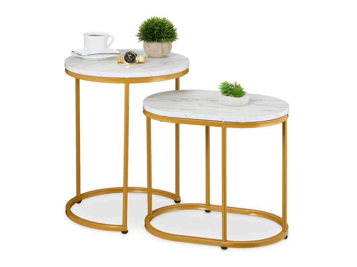 Mesa De Centro Relaxdays, Conjunto De 2, Mesa Redonda E Oval, Efeito Mármore, Pernas Metálicas, Branco/dourado