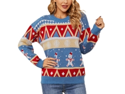 Jersey De Navidad Para Mujer Con Estampado De Muñeco De Nieve, Cuello Redondo, Tejido Casual Azul Talla M