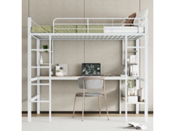 Cama Entrepiso De Hierro - 140x200 Cm - Con Escritorio Y 5 Estantes - Blanco