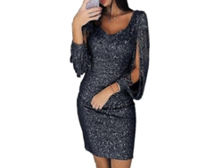 Vestido Corto De Lentejuelas Mujer Con Cuello V Profundo Y Mangas Largas Tassel Brillo Sexy L Negro