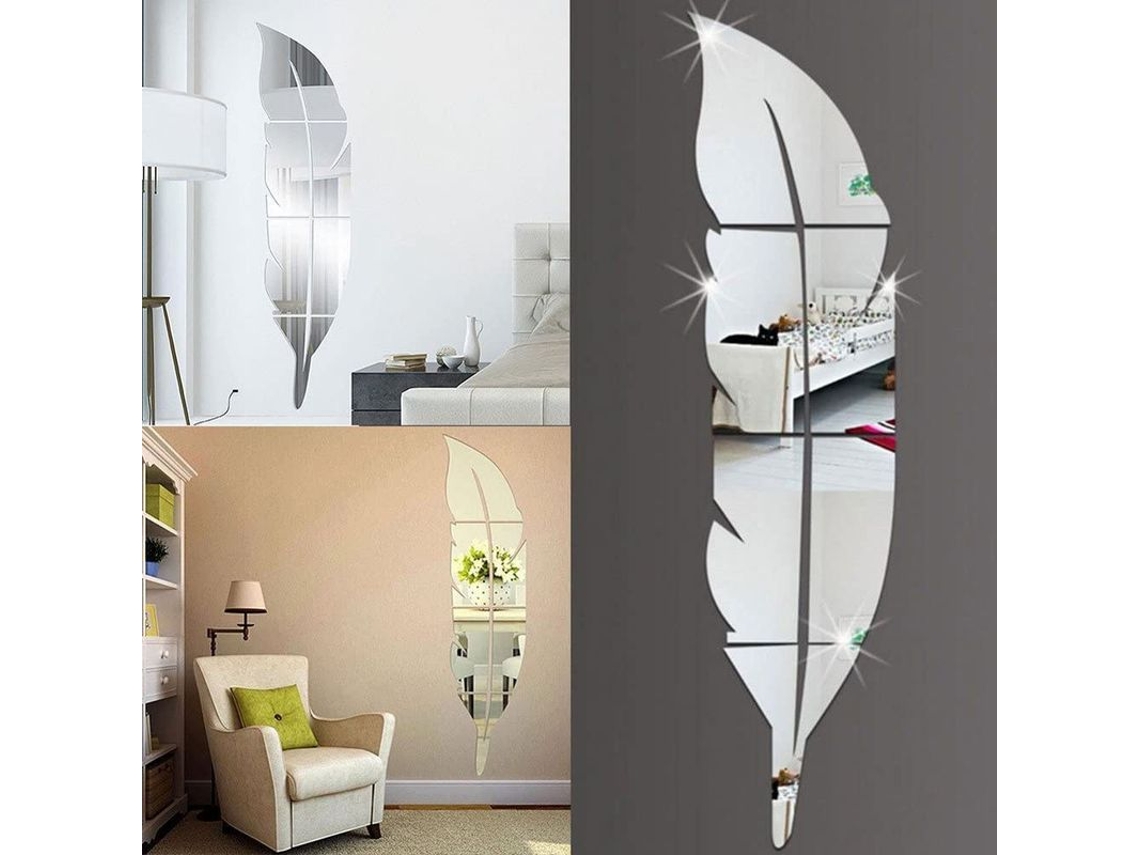 Adhesivo De Pared Con Efecto Espejo Y Plumas, Adhesivo De Pared Plateado De Moda, Removible Y Fácil De Instalar.