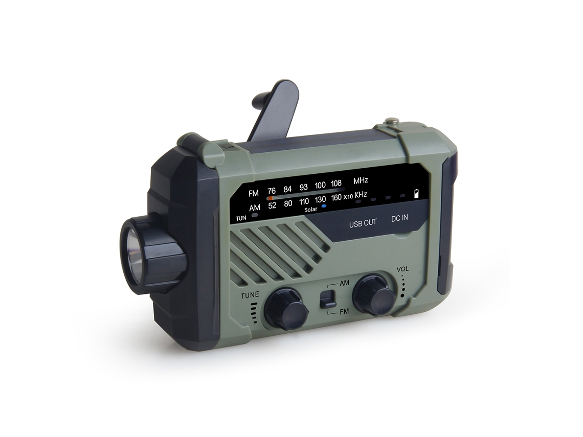 Radio de emergencia solar portátil Viewleaf con correa, linterna de 3 modos, sirena SOS y cargador de celular, ideal para acampar y sobrevivir.