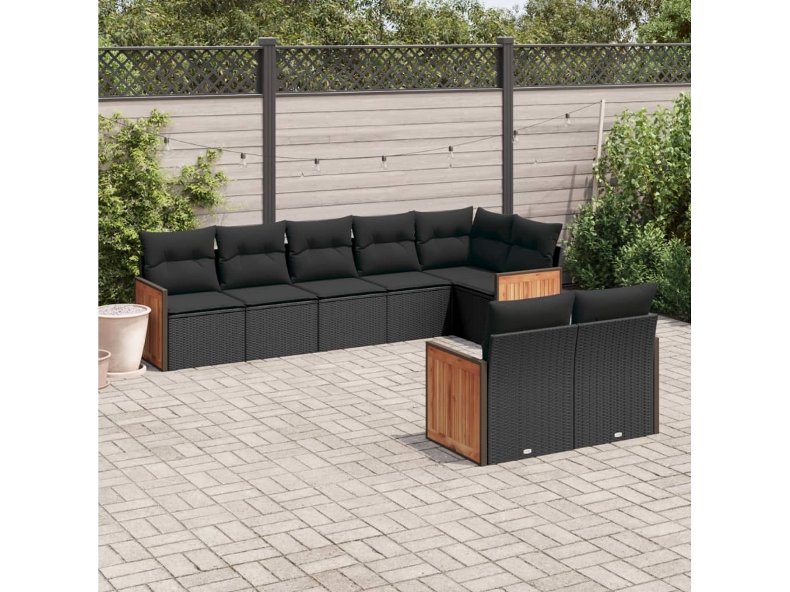 Conjunto de 8 sofás de jardín con cojines de mimbre sintético negro, Dkd Home Decor