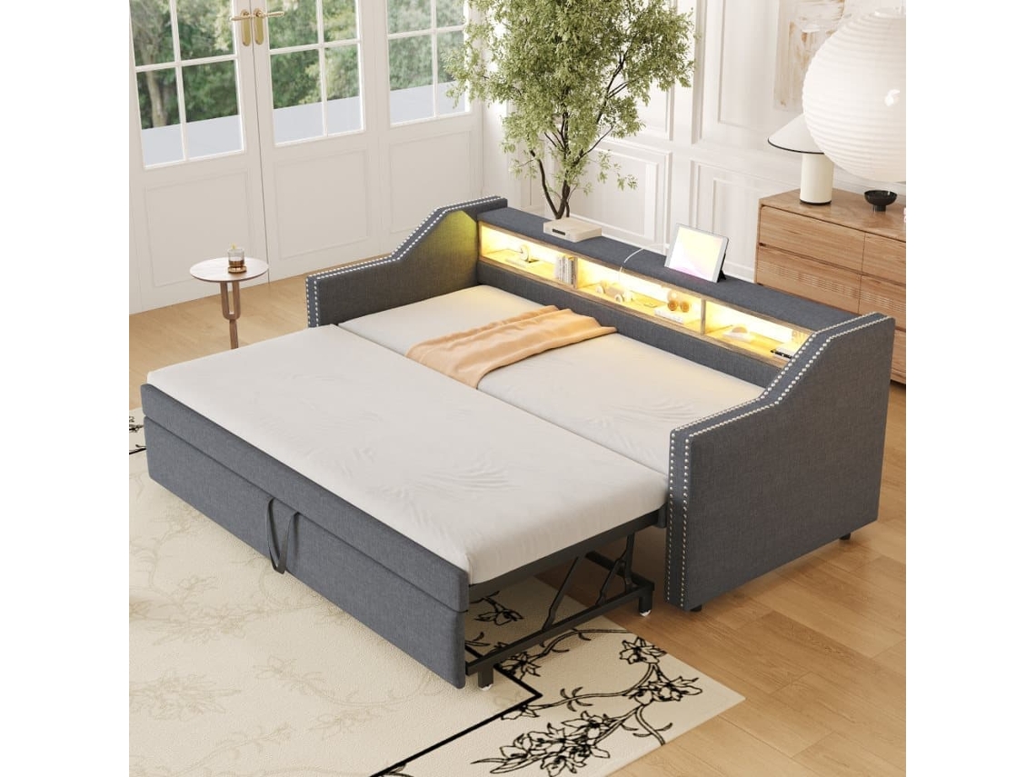 Sofá Cama Extraíble 90/180x190cm De Lino - Con Led Y Usb - Con Somier - Gris