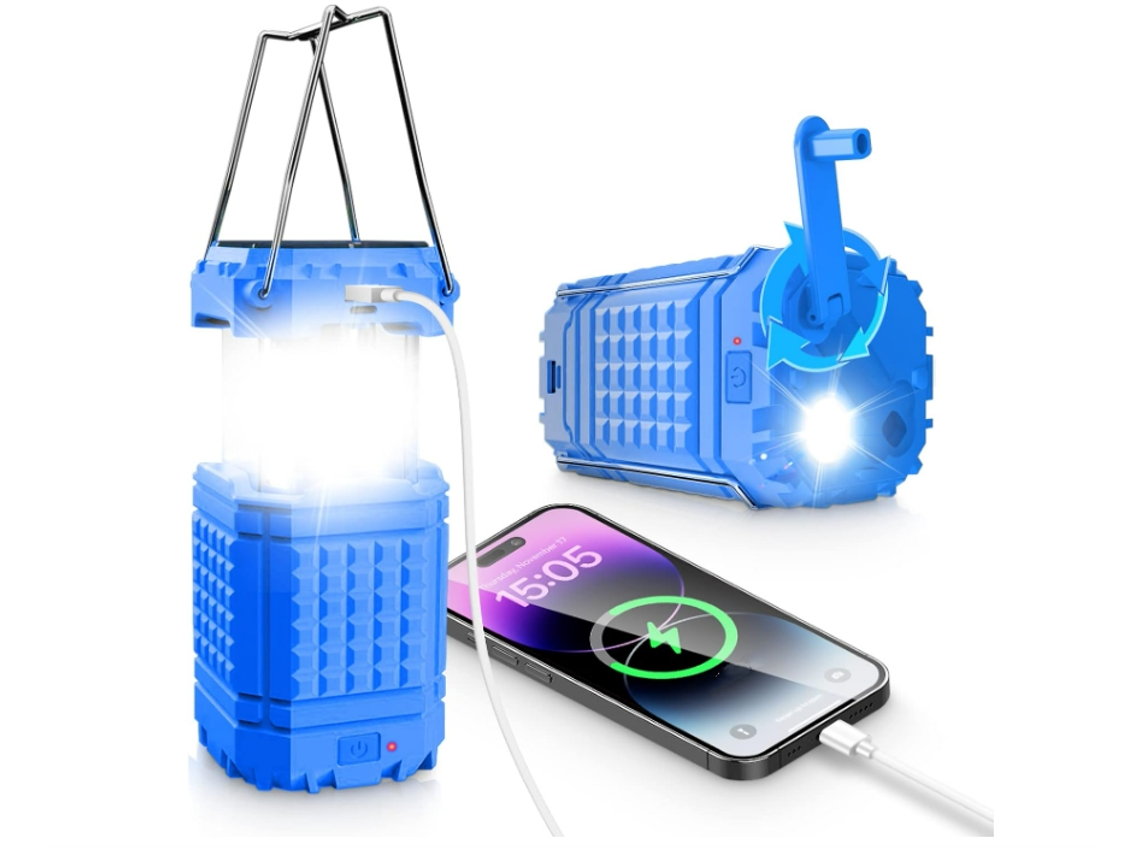 Lanterna Solar De Acampamento 5000Mah Capicity Luzes De Acampamento Recarregáveis Com Manivela Lanterna Led Telescópica Portátil Azul 