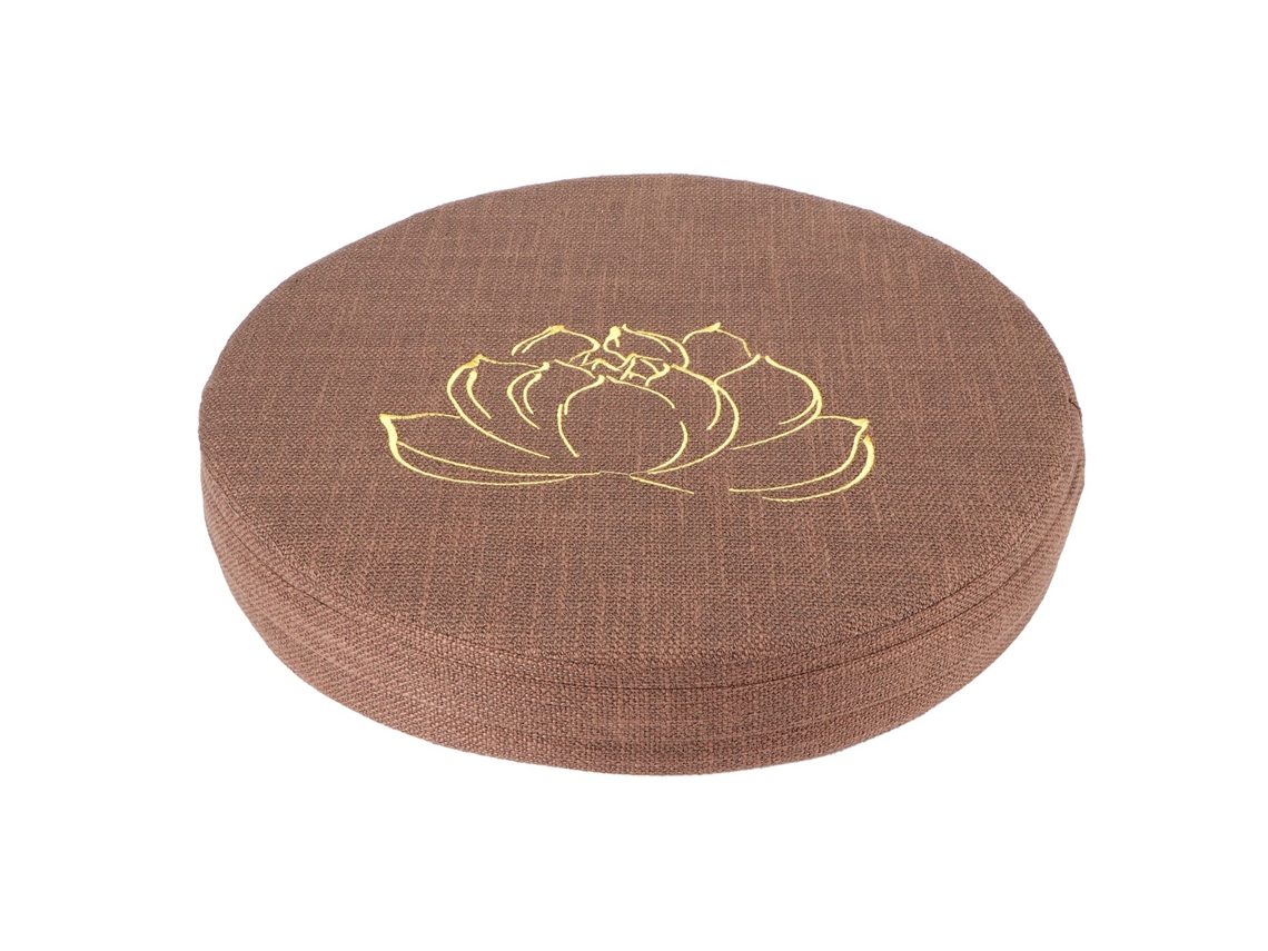 Almohada redonda de lino bordada para yoga, color marrón paja 1