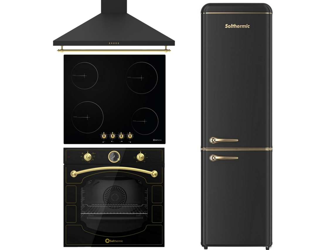 Solthermic® Combo Pack Placa Vitro Pvtc60 4 Quemadores Rusticos Negro Extractor De Aire 60 Frigorífico Congelador Retro 1.88 Fcr188n Negro